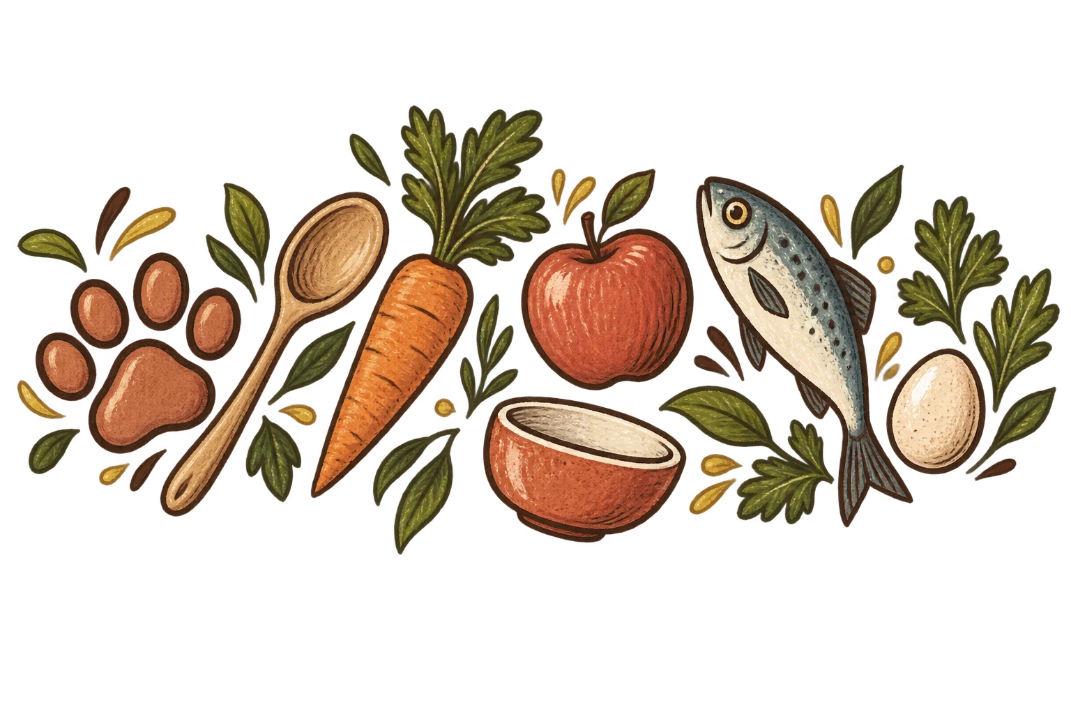 Pequeñas ilustraciones de alimentos y utensilios
