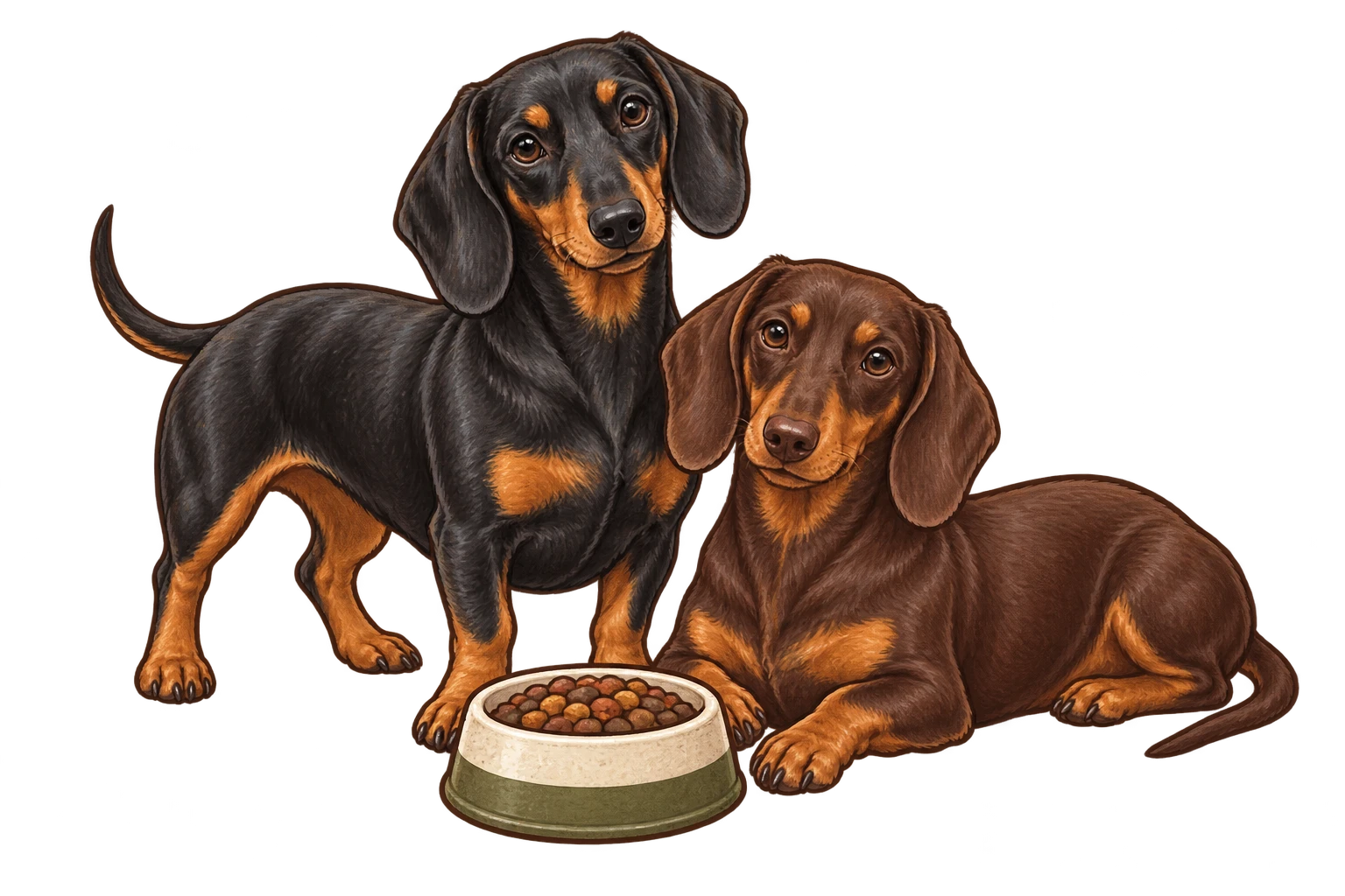 Ilustración de dos teckel, Masha y Nala, junto a su cuenco